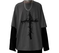 NIUVOO Men Women Gothic Shirt Oversized Harajuku Cross Sweatshirt Blouse Dark Academia Vintage Long Sleeve Y2K Emo Grunge Top Clothes Gray