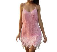 NIUVOO Women 1920's Sexy Tassel Feather Sequins Dress Vintage Sleeveless V Neck Spaghetti Strap Sequin Dress Plus Size Party Cocktail Costume