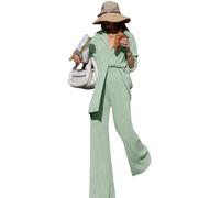 NIUVOO Women Pleated 2 Piece Outfits Casual Long Sleeve Oversized Button Down Shirt Wide Leg Lounge Pants Sets Loungewear Set Summer Streetwear(Green,XL)