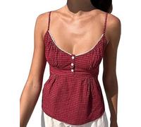 NIUVOO Women Y2k Lace Trim Tank Crop Camisole Tops Floral Printed Spaghetti Straps Sleeveless V Neck Camis Cropped Tops Summer Going Out Tops(Red,L)