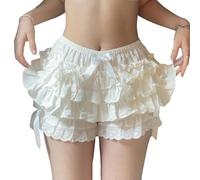 NIUVOO Womens Tiered Lace Ruffle Panties Cute Lolita High Waisted Elastic Layered Pumpkin Shorts Bloomers Underwear(A white,M)