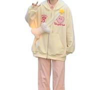 NIUVOO Y2k Kawaii Zip Up Hoodie Sweet Heart Love Print Casual Sweatshirt Cute Harajuku Japanese Pullover Cutecore Y2k Graphic Pullovers Beige