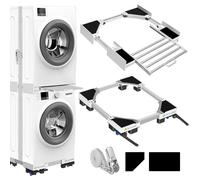 NIUXX Washing Machine Stacking Shelf Kit and Moving Base Set, Stacking Kit with Shelf for 53-68 cm Washer Dryer, Adjustable 42-69 cm Furniture Base with Brake Wheels, Laundry Space Saving Set
