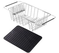 NiuYichee Stainless Steel Dish Drying Rack(15"L x 8.3"W x 4.2"D), Expandable Fruit & Vegetable Drain Rack over Sink, Dish Drainer Rack in Sink, with Stainless Steel Utensil Holder & 16" Silicone Mat