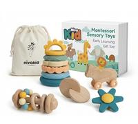 nivakid Montessori Baby Toys Set Sensory Development Wooden & Silicone Activity Gift Box for Boys and Girls, Rattle, Stacking Toy, 3-36 Months