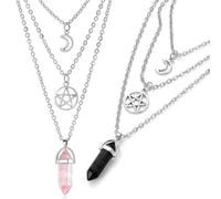 Nivalora 2Pcs Moon Pentagram Pendant Set for Women, Crystal Necklace Duo in Black and Pink, Gothic Jewellery with Layered Look, Emo Accessories for Festival, Party and Daily Wear