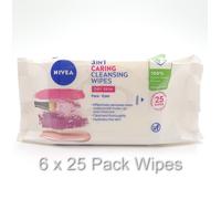 NIVEA 3 IN 1 CARING CLEANSING WIPES DRY SKIN FACE - EYES 3 OR 6 X 25 PACK WIPES
