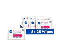 NIVEA 3in1 Caring Cleansing Wipes Dry Skin (25 Sheets), Plant-Based Makeup Remover, Face Wipes for Dry Skin, Gentle yet Effective Makeup Removal (Pack of 6)
