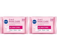 NIVEA 3in1 Rose Care Cleansing Wipes (2x25 Wipes), Plant-Based Makeup Remover Wipes, Face Wipes with Organic Rose Water, Gentle yet Effective Makeup Removal (Pack of 2)