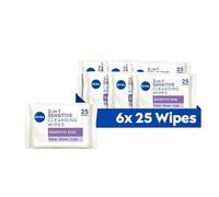 NIVEA 3in1 Sensitive Cleansing Wipes (25 Sheets), Plant-Based Makeup Remover Sheets, Face Wipes for Sensitive Skin, Gentle yet Effective Makeup Removal (Pack of 6)
