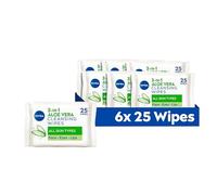 NIVEA Aloe Vera Cleansing Wipes For All Skin Types (25 Sheets), Plant-Based Makeup Remover Sheets, Gentle Yet Effective Hydrating Face Wipes with Organic Aloe Vera for Makeup Removal (Pack of 6)