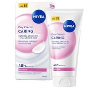 NIVEA Caring Dry Skin Day Cream SPF 15, (3 x 50 ml) | Moisturising Face Cream with Natural Argan Oil and Hyaluronic Acid, 48-Hour Hydration, Nourishes and Indulges Skin