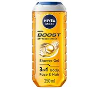 NIVEA MEN Boost Shower Gel, 3-in-1, 250 ml | Moisturising Body Wash for Men with Naturally Sourced Caffeine, Care for Body, Face and Hair, 24-Hour Fresh Effect