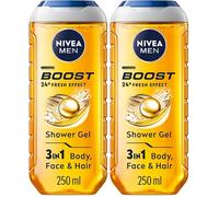 NIVEA MEN BOOST Shower Gel (500 ml), Moisturising 3-in-1 Body Wash for Men with Naturally Sourced Caffeine, Revitalising NIVEA MEN Shower Gel (Pack of 2)