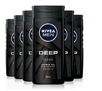 NIVEA MEN Deep Shower Gel Pack of 6 (6 x 250ml), Face, Hair & Body Wash Black Charcoal Shower Gel, 24H Deeply Cleansing and Invigorating Men's Shower Gel