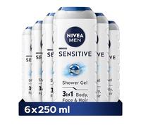 NIVEA MEN Sensitive Shower Gel, 3-in-1, (6 x 250 ml) | Cleansing Body Wash for Men with Bamboo Extract, Shower Gel for Body, Face and Hair, Gently Cleanses, Moisturising