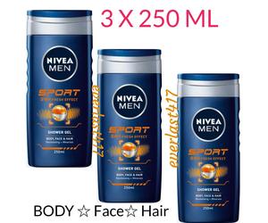 Nivea Men Sport Shower Gel 24H Fresh Face Body Hair 3x 250ml Refreshing cleanse