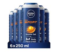 NIVEA MEN Sport Shower Gel Pack of 6 (6 x 250 ml), Cleansing 3-in-1 Body Wash for Men with Minerals, Refreshing NIVEA MEN Shower Gel
