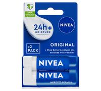 NIVEA Original Care Duo Lip Balm (2x 4.8g). 24h+ Hydration with 100% Natural Ingredients, Shea Butter & Vitamins.