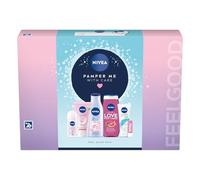 NIVEA Pamper Me With Care Gift Set (6 Products), Women's Gift Set with Shower Gel, Moisturising Cream, Body Lotion, Lip Balm, Anti-Perspirant Roll-On, and Cream Wash