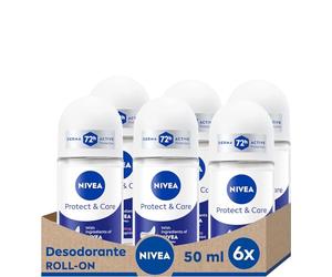 NIVEA Protect & Care Roll-on 6 Pack (6 x 50 ml), Antiperspirant Deodorant with NIVEA Creme Scent, Roll On Deodorant with 0% Alcohol