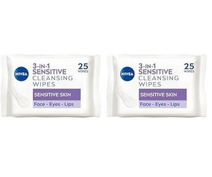 NIVEA Sensitive Skin Face Wipes, Biodegradable Plant Fibre Wipes, Makeup Remover, 50 Count (Pack of 2)