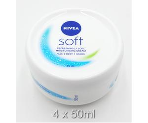 NIVEA SOFT MOISTURISING CREAM FOR FACE, BODY AND HANDS 50ML TUB 4 PACK