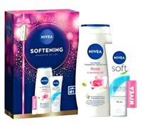 NIVEA Softening Moments Gift Set, Rose & Almond Oil Shower Cream 250ml, Soft Moisturising Cream 75ml, Rosé Lip Balm 4.8g