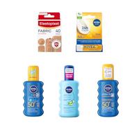 NIVEA Summer Bundle (5 products), Extra Flexible Fabric Plasters 40 pc, Lip Balm Factor 50, After Sun Spray, Protect & Moisture Sunscreen SPF 50+, Kids SPF 50+ Suncream Spray
