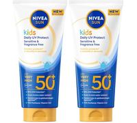 NIVEA SUN Kids Daily UV Protect Sensitive SPF 50+ Sun Cream (100ml), Kids Sunscreen For Face and Body, Sweat and Water-Resistant, Gentle Fragrance-Free Formula (Pack of 2)