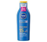 NIVEA SUN Protect & Moisture Sun Lotion SPF 15 (200 ml), Suncream with Vitamin C and Hyaluron, Provides 48H Moisture and Immediate UVA/UVB Protection, Fast-Absorbing, No White Cast Formula