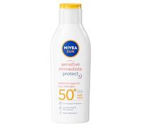 NIVEA SUN Sensitive Immediate Protect Sun Lotion SPF 50+, (2 x 200 ml) | Moisturising Suncream with Aloe Vera, Immediate UVA/UVB Protection, Water Resistant, Soothes Sensitive Skin, Fragrance Free