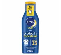 NIVEA SUN Protect & Moisture Sun Lotion SPF 15 (200 ml), Suncream with Vitamin C and Hyaluron, Provides 48H Moisture and Immediate UVA/UVB Protection, Fast-Absorbing, No White Cast Formula