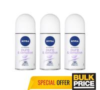 Nivea Women Pure Sensitive Roll-on Antiperspirant Unscented 48H Protect 3-Pack