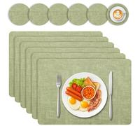 Niviy Placemats and Coasters Set of 6 - PU Leather Heat-Resistant Table Mats, 43x30cm Waterproof Placemats for Indoor/Outdoor Use, Washable Dining Mats for Home & Restaurant (Green)