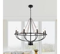 NIVOR 8 Light Dimmable Wagon Wheel Chandelier with Beaded Accents Adjustable in Black NIVOR Black