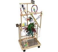 Niwaes 4-Tier Large Wooden Bird Playground with Wheels, Natural Wood Parrot Play Stand Birds Perch Stand Gym with Ladder Toy Accessories for Cockatiel Cockatoo Quaker