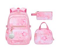 NIWEIYA 3Pcs Set Backpacks for Girls Teen, Cute Flowers School Bag Girls Bookbags with Lunch Box Pencil Bag, Multi-Pockets Kids Backpack for Elementary & Middle School, Pink