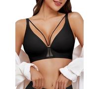 Niwicee Bras for Women Sexy Everyday Bra Wireless Seamless Non Wired Push Up Bra Support V Neck Comfort Sleep T-Shirt Padded Bralette (Black, L)