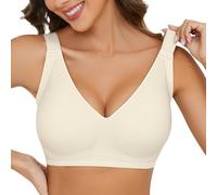 Niwicee Bras for Women Wireless Seamless Non Wired Push Up Bra Support Full Coverage Bralettes V Neck Comfort Sleep T-Shirt Padded Wide Straps Bra (White, XXL)
