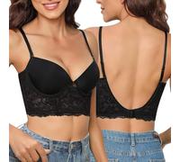 Niwicee Low Back Bra for Women Deep V Shaped Push Up Plunge Backless Bra Multiway Strap Convertible Floral Lace Wire Lifting with Extenders Hooks(34B,Black)