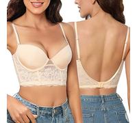 Niwicee Low Back Bra for Women Deep V Shaped Push Up Plunge Backless Bra Multiway Strap Convertible Floral Lace Wire Lifting with Extenders Hooks(36B,Beige)