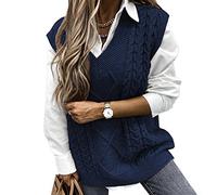 Niwicee Sweater Vest Knitted Sleeveless Jumpers Tank Top Streetwear Knitwear Plaid Pullovers Sweatshirts Oversized V Neck Cable Knit Vintage Retro Stylish Spring Autumn Winter Chunky Women(Navy,M)