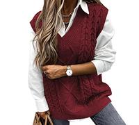 Niwicee Sweater Vest Knitted Sleeveless Jumpers Tank Top Streetwear Knitwear Plaid Pullovers Sweatshirts Oversized V Neck Cable Knit Vintage Retro Stylish Spring Autumn Winter Chunky Women(W Red,XL)