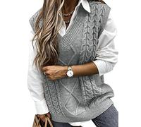 Niwicee Sweater Vest Knitted Sleeveless Jumpers Tank Top Streetwear Knitwear Plaid Pullovers Sweatshirts Oversized V Neck Cable Knit Vintage Retro Stylish Spring Autumn Winter Chunky Women(Grey,XL)