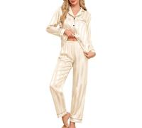 Niwicee Women Pyjama Set Silk Satin Pjs Long Sleeve Bridal Pyjama Set Christmas Pyjamas for Women Button Down Loungewear Sleepwear Ladies Nightwear Xmas for Her Wife