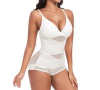 Niwicee Women Shapewear Bodysuit Tummy Control Mesh Cross Slimming Sculpting Adjustable Straps Body Shaper(White,L)
