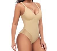 Niwicee Women Shapewear Bodysuit Tummy Control Waist Trainer Seamless Sculpting Bodysuit with Adjustable Straps Sexy Mesh Full Body Shaper Slimming Vest V Neck Shaper(Beige,L)