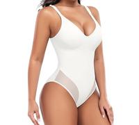 Niwicee Women Shapewear Bodysuit Tummy Control Waist Trainer Seamless Sculpting Bodysuit with Adjustable Straps Sexy Mesh Full Body Shaper Slimming Vest V Neck Shaper(White,XXL)