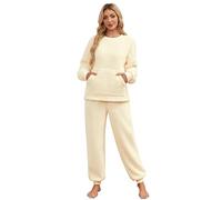 Niwicee Womens Pyjamas Fleece Pyjamas Set Winter Soft fluffy Ladies 2 Piece Pjs Loungewear Set Warm Crew Neck Longsleeve Tops and Thermal Bottoms Nightwear Sleepwear with Pocket S-XXL(Yellow,S)